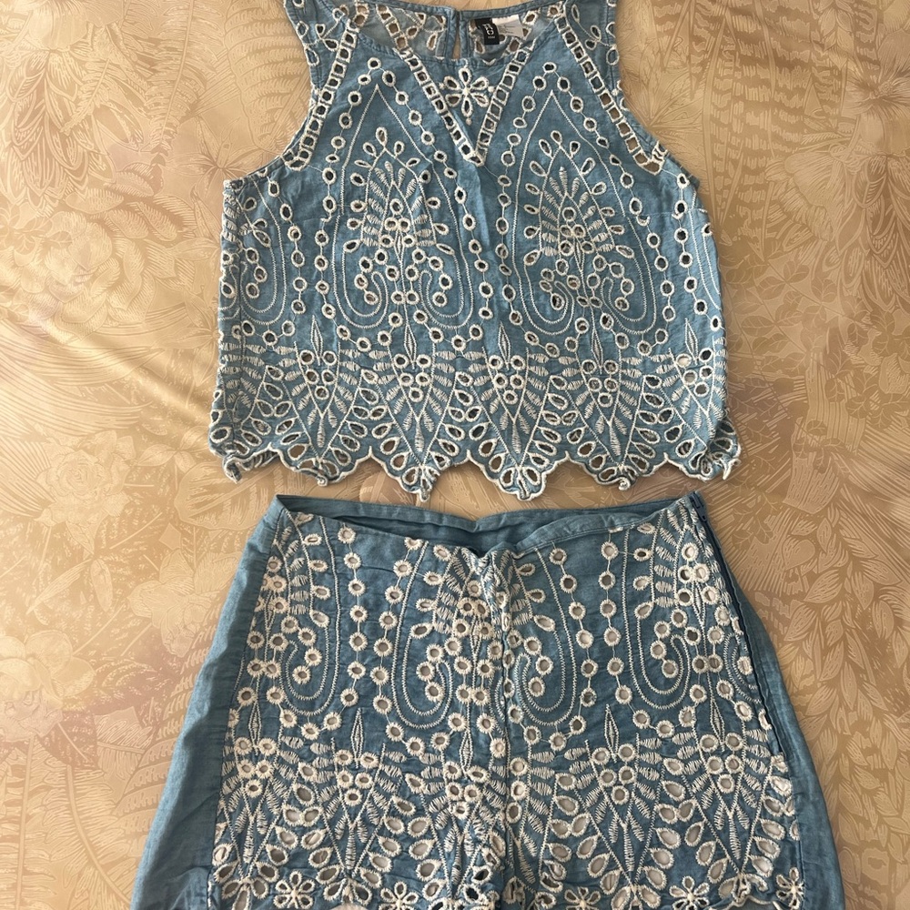 Blue Embroidered Two-Piece Set